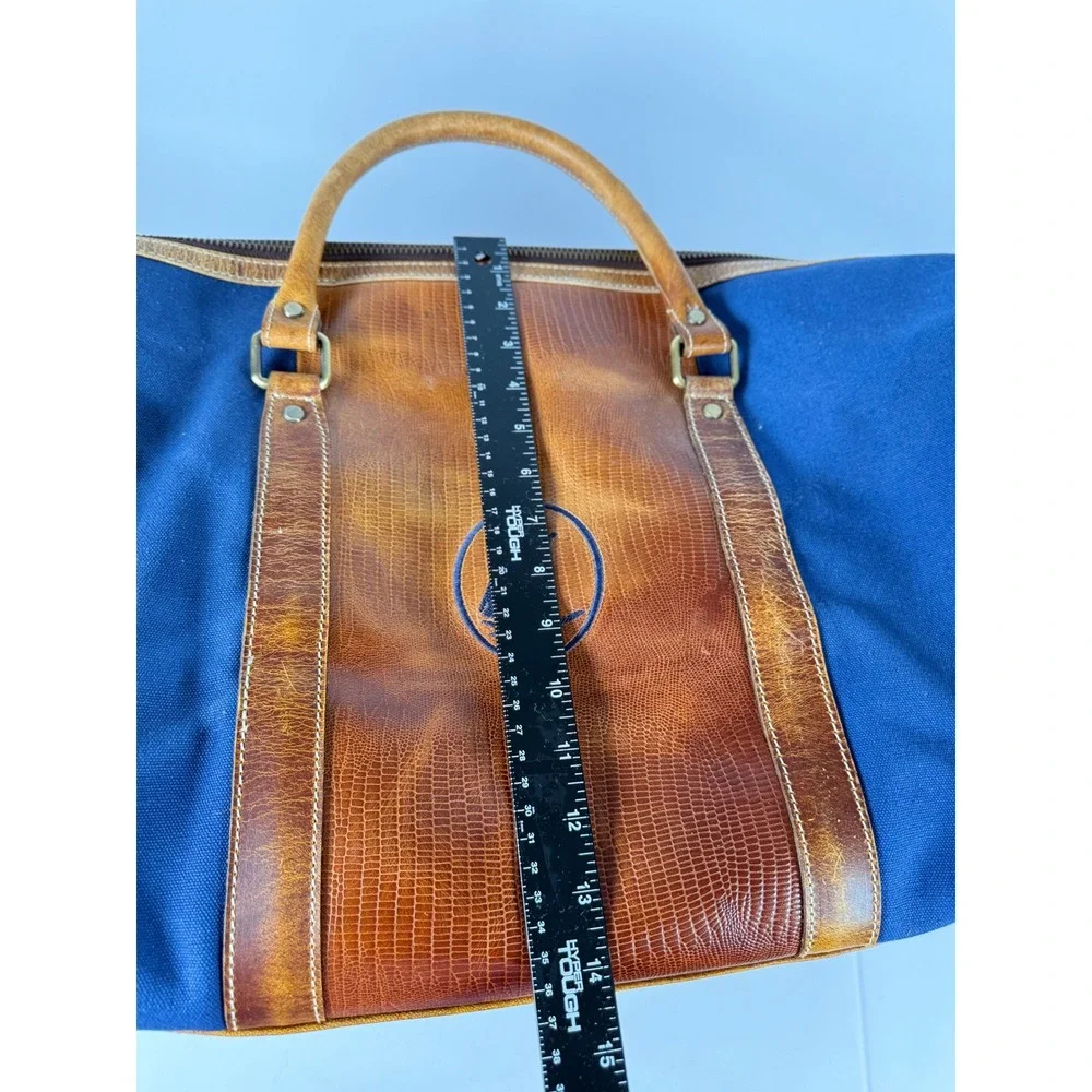 F.H. Wadsworth NYC Canvas Leather Duffle Bag Navy Blue Lizard Embossed Travel